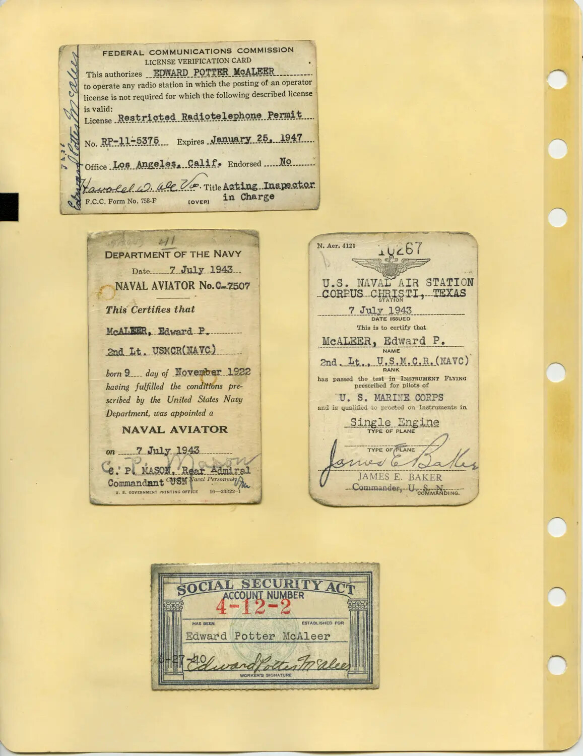 Identification and Certification Documents of 2nd Lt. Edward Potter McAleer, USMCR Naval Aviator, 1943