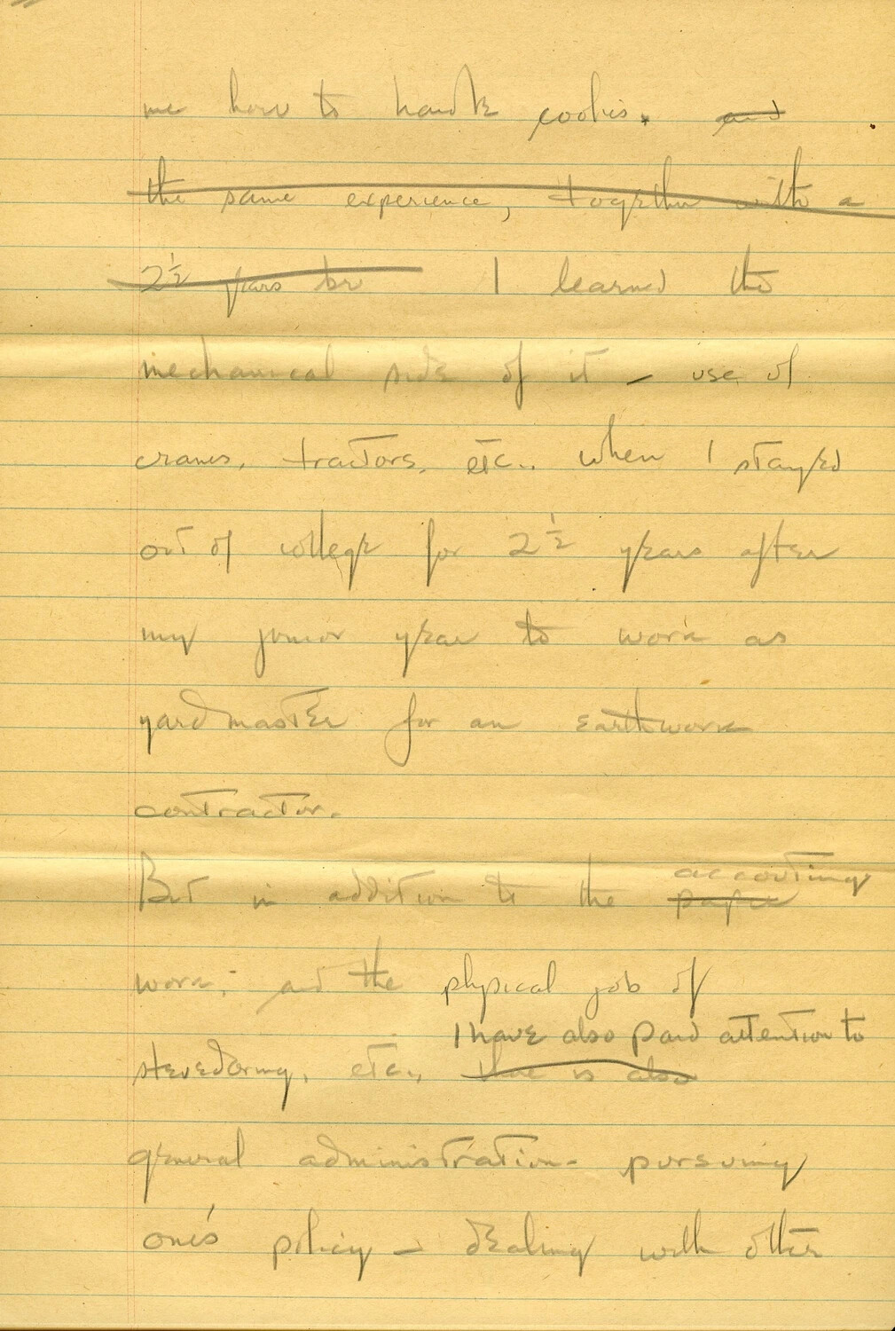 Handwritten Draft Memoir/Request Letter Page, U.S. Army Transportation Officer, CBI Theater, WWII (Page 055) - Prewar Career Background as Yardmaster for an Earthwork Contractor