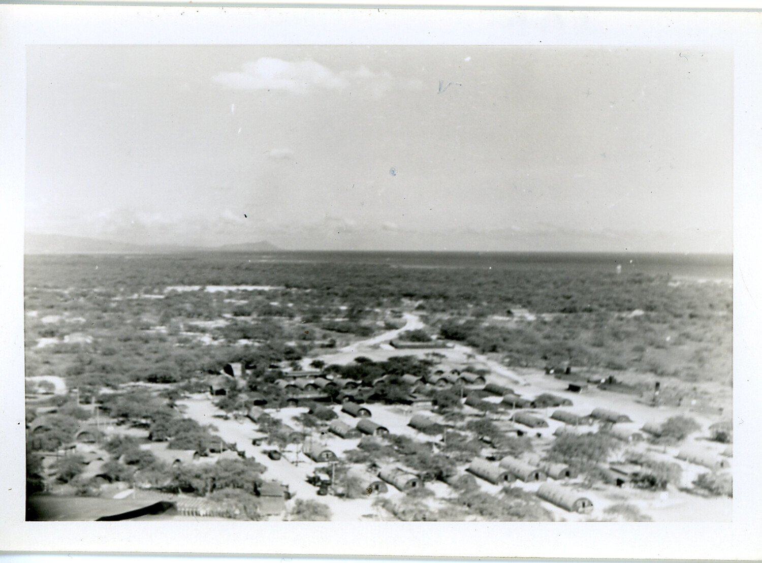Elevated View of Quonset Hut Military Encampment, Hawaii, WWII Era