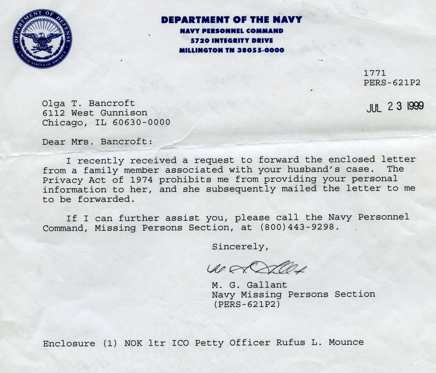 Navy Personnel Command Letter to Olga T. Bancroft Regarding Missing Persons Case