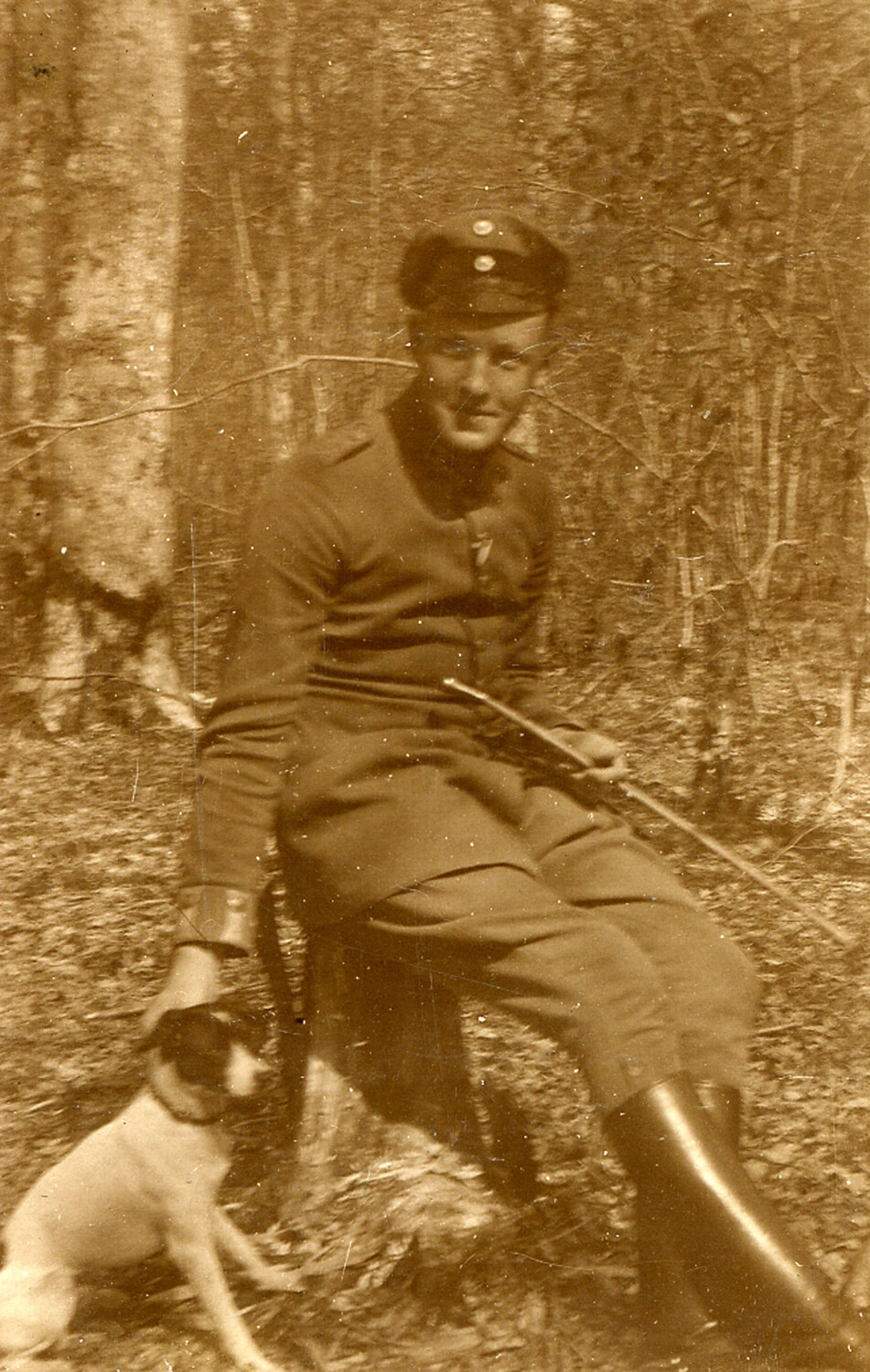 German Soldier with Pet Terrier in Wooded Setting, WWI