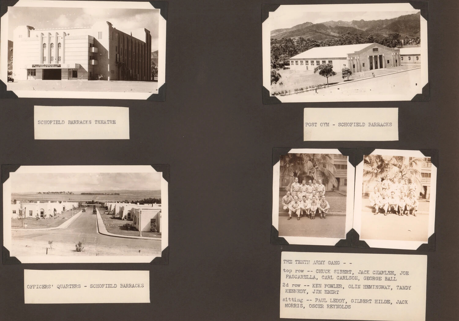 Album Page - Schofield Barracks Facilities and "The Tenth Army Gang" Group Portraits, WWII Pacific Service Album