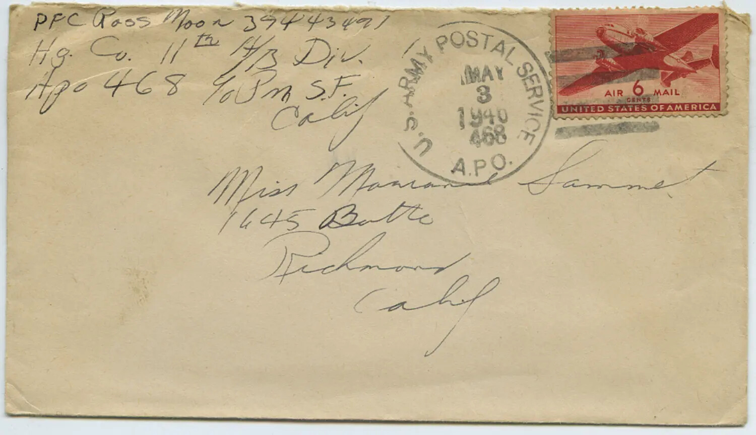 WWII Military Mail Envelope: PFC Roos Moon, 11th Airborne Division, to Marian Sammet, Richmond, California