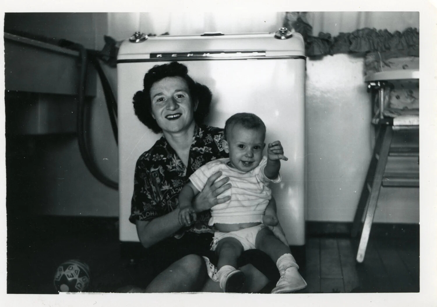 Mother and Baby in Kitchen with Kenmore Appliance, Early 1950s Family Snapshot