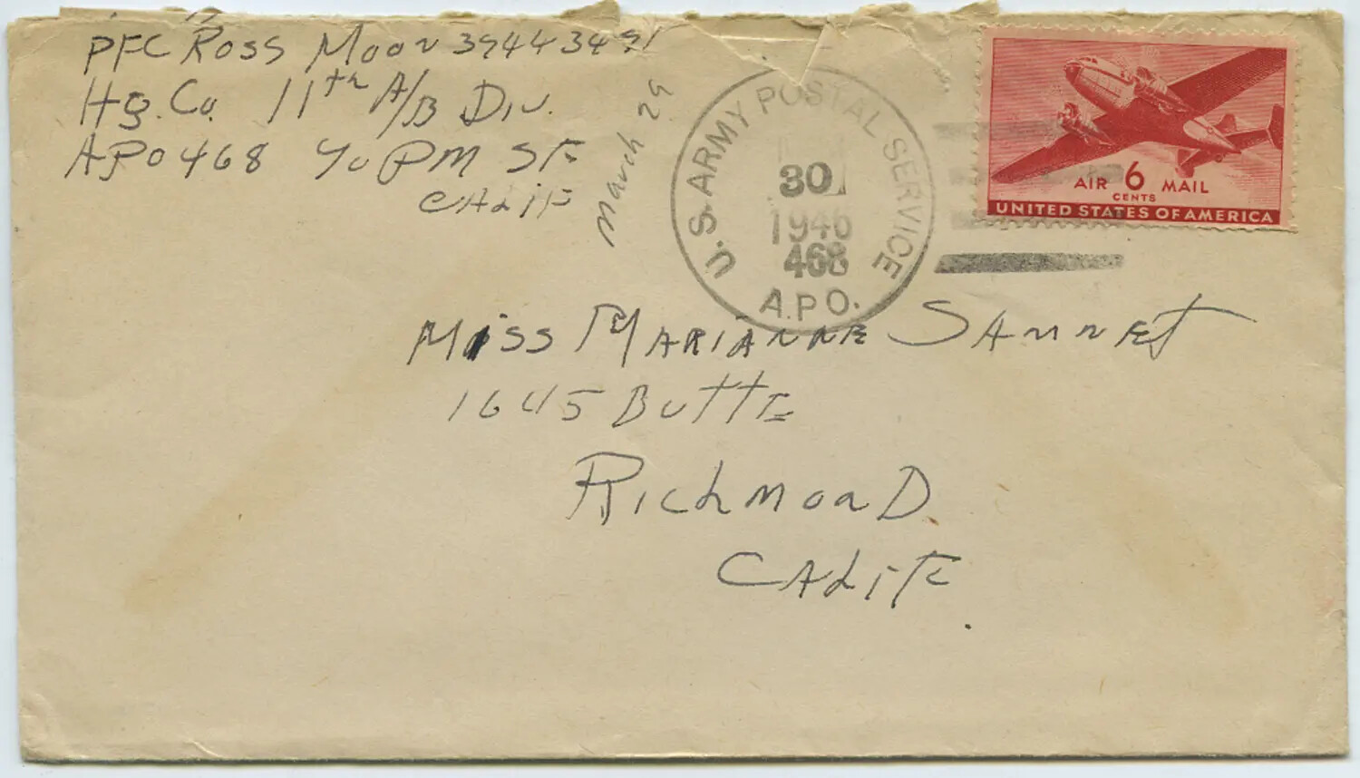 1946 APO Cover from PFC Ross Moon, 11th Airborne Division, to Marianne Sammet