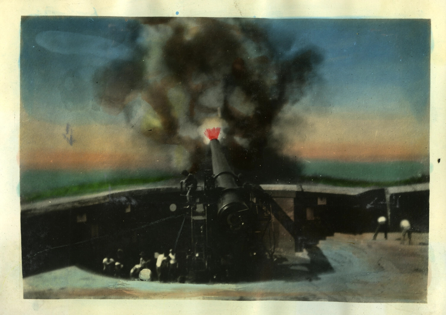 U.S. Coast Artillery Gun Firing from Harbor Defense Emplacement, Manila Bay Area, Philippines, Hand-Tinted Photograph