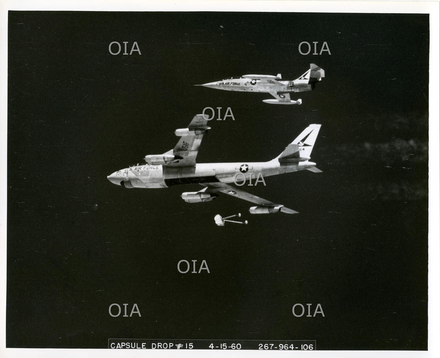 USAF B-47 Stratojet Capsule Drop Test No. 15 with F-104 Starfighter Chase Plane, April 15, 1960
