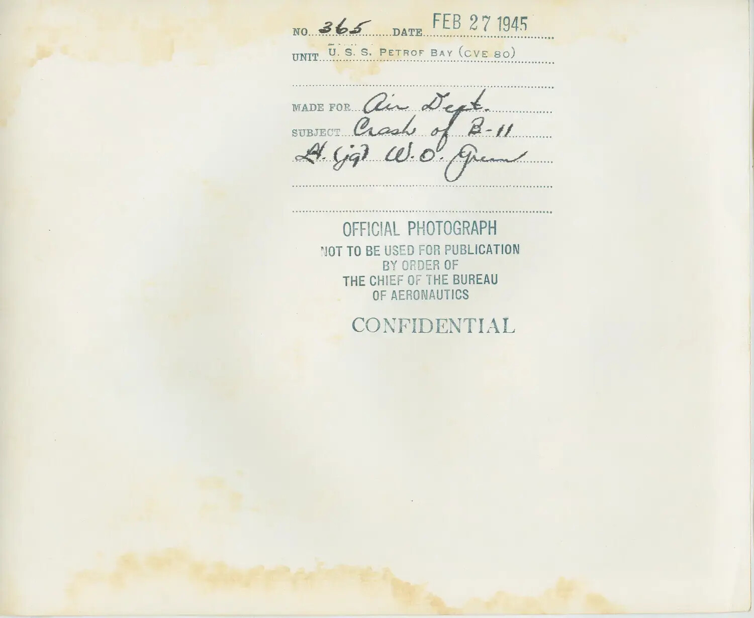 Official U.S. Navy Photo Caption Sheet, USS Petrof Bay (CVE-80), 'Crash of B-11,' February 27, 1945