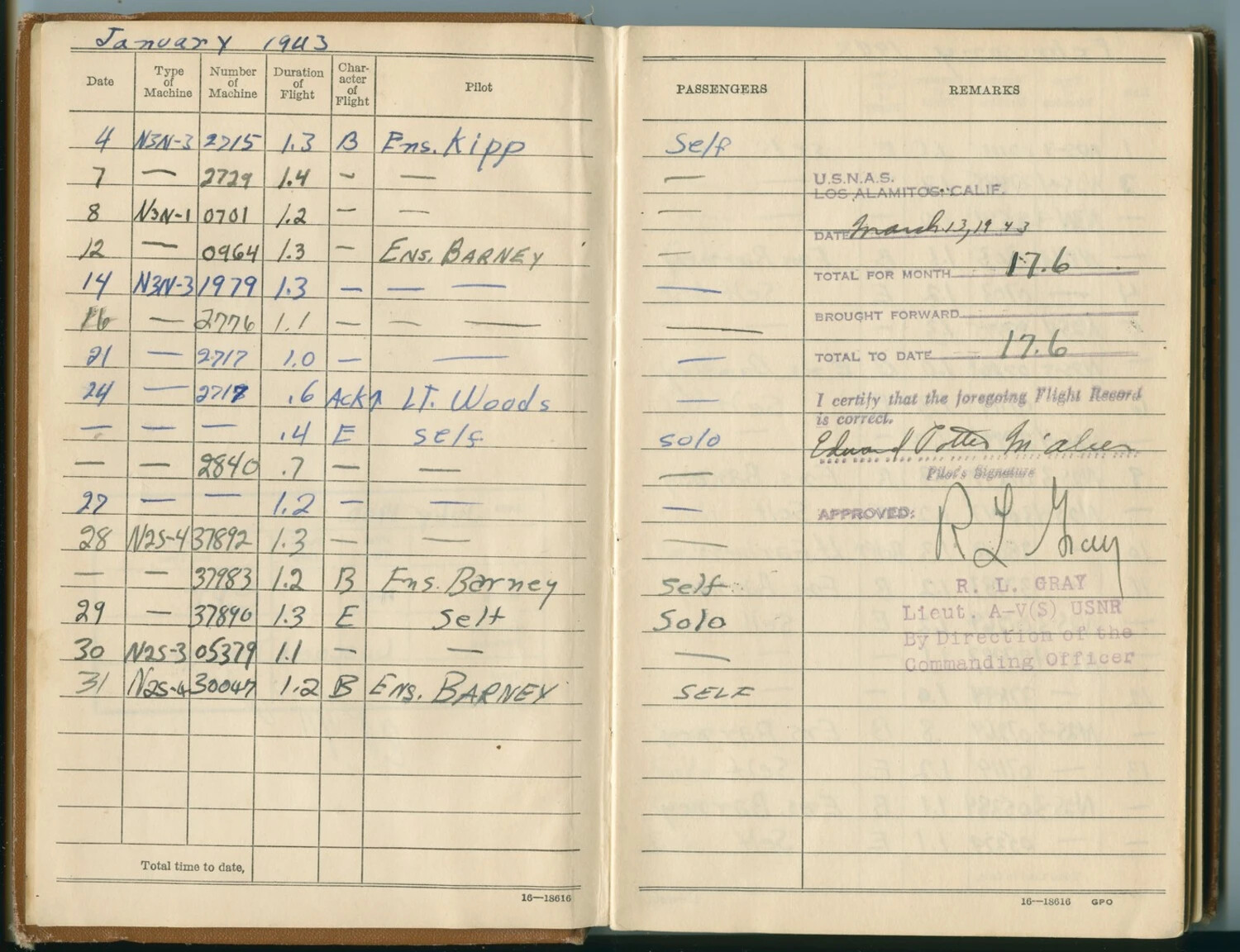 U.S. Navy Aviator's Flight Logbook, Edward Potter McAleer, January 1943 - NAS Los Alamitos