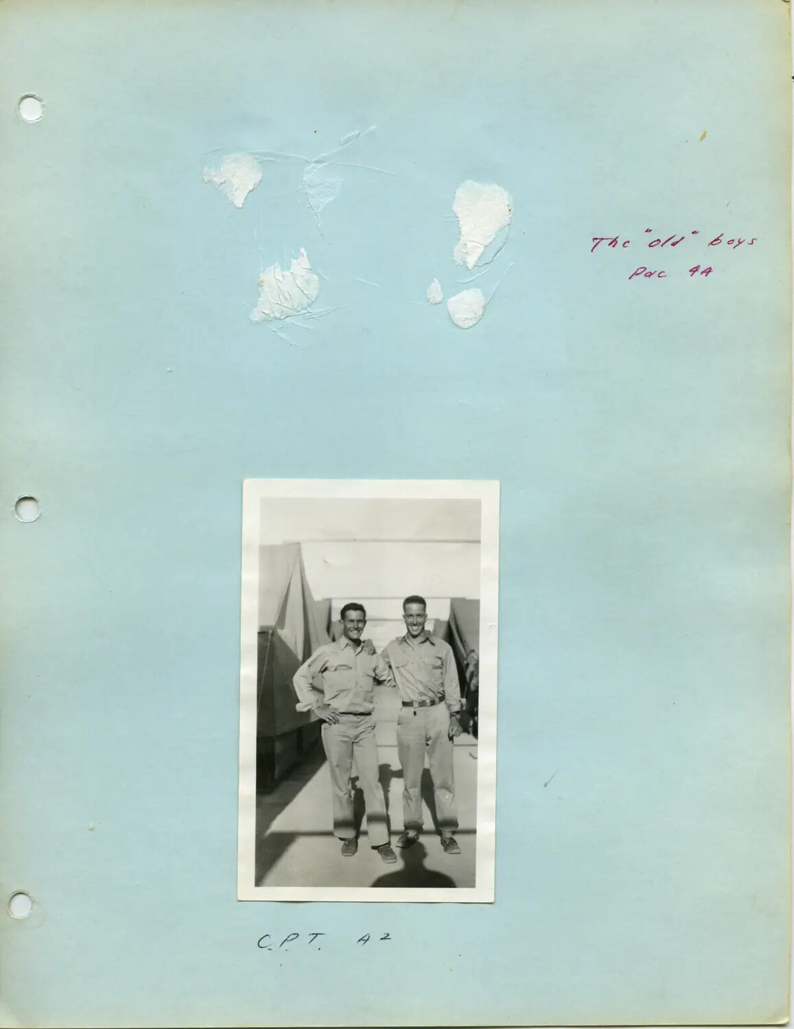 Album Page with Snapshot of Two Servicemen Aboard Ship, "The Old Boys, Pac 4A" — Edward P. McAleer Collection