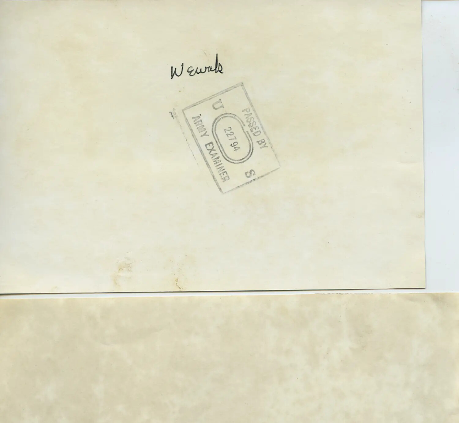 Verso of Photograph with 'Wewak' Annotation and U.S. Army Censor Stamp, World War II Era