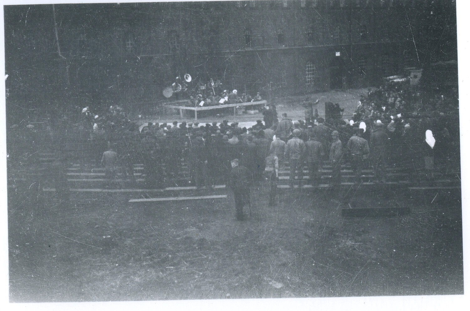 Military Formation and Band Ceremony at Barred Institutional Building, European Theater, World War II
