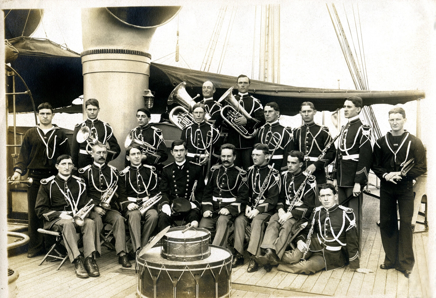 Ship's Band, USS Columbia (C-12), Group Portrait on Deck, circa 1898-1910