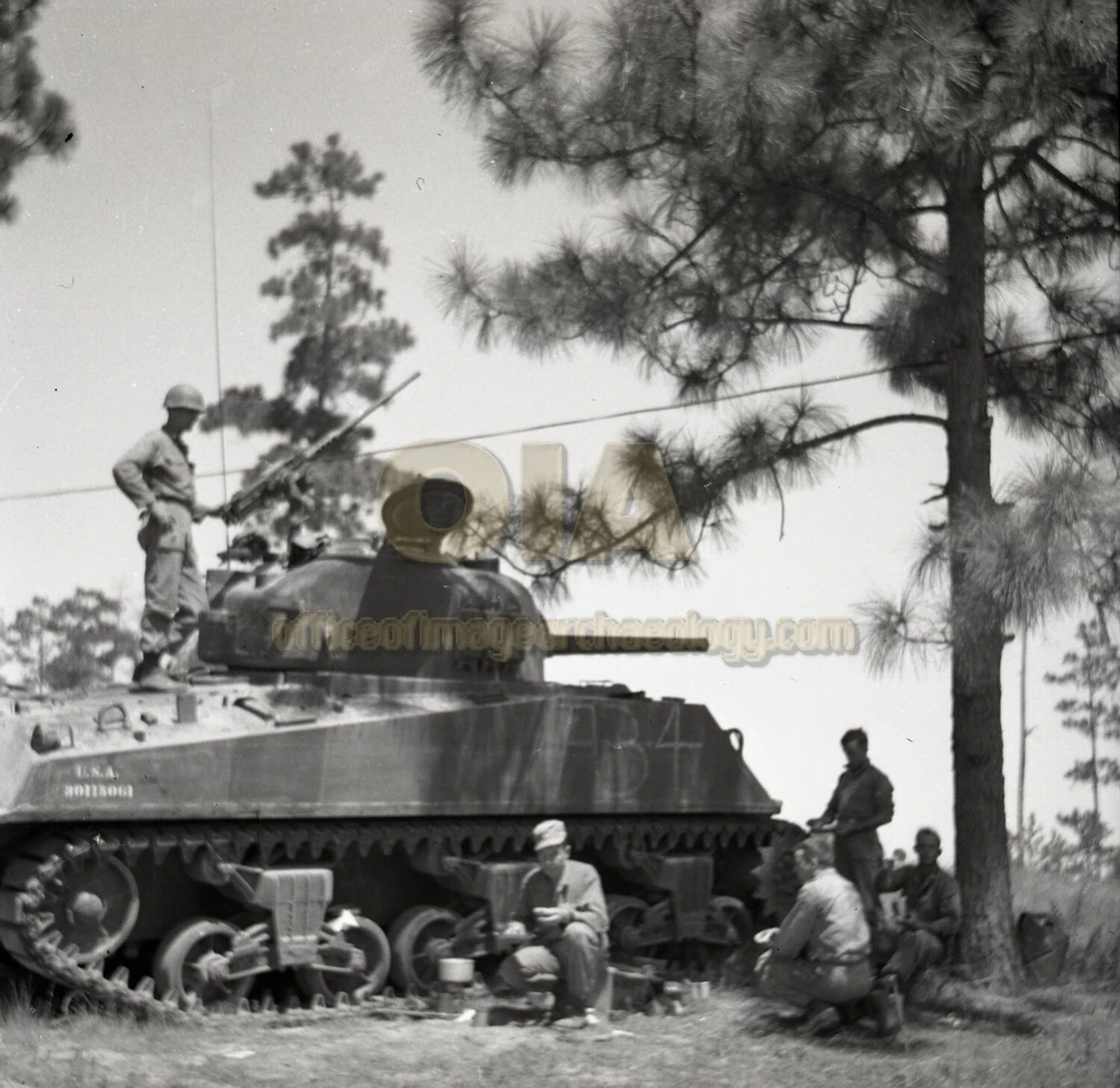 M4 Sherman Tank and Crew at Rest During Training Exercise, U.S. Army