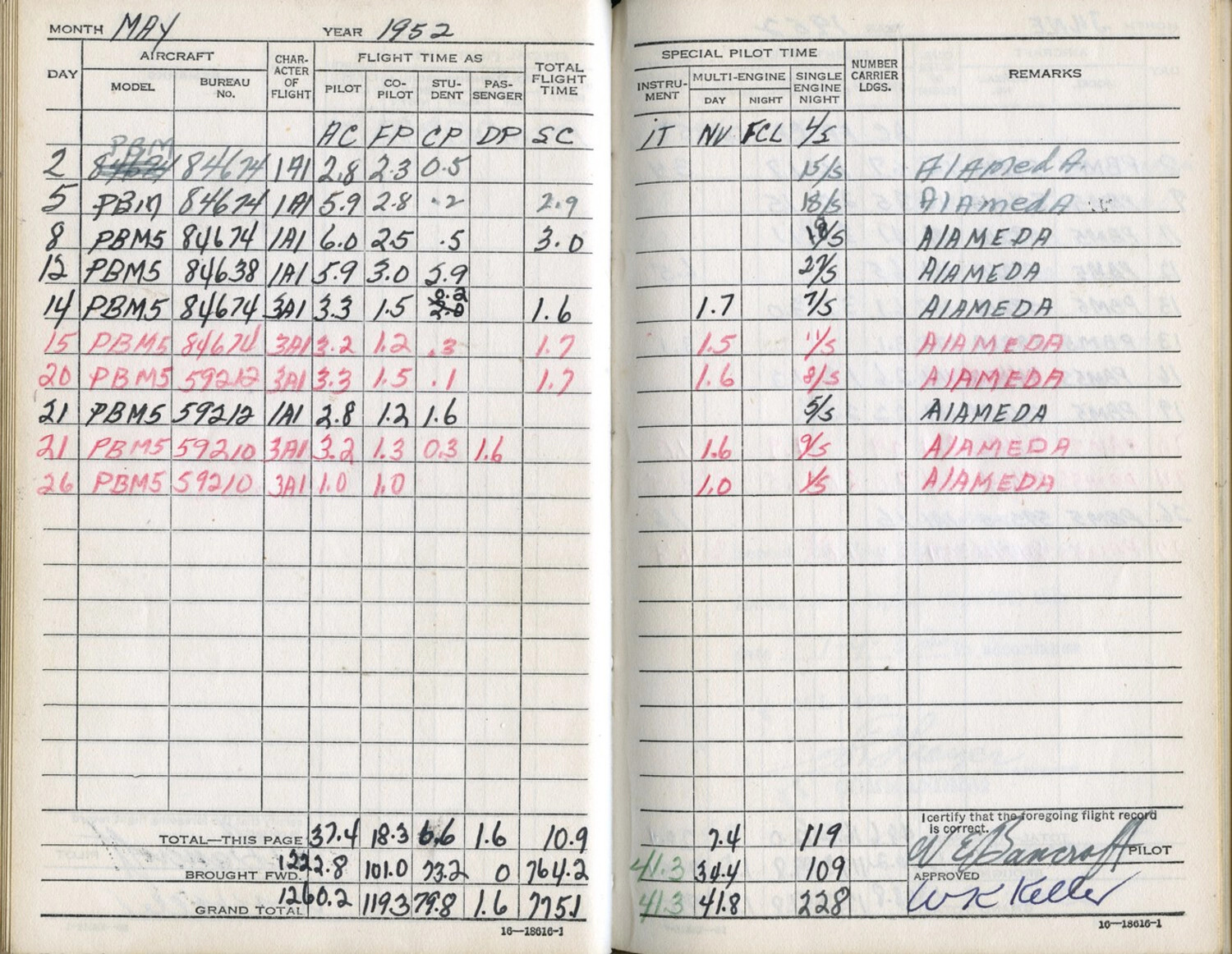 U.S. Navy Pilot's Flight Logbook, May 1952 — Lt. W.E. Bancroft, PBM-5 Mariner Training/Patrol Flights, NAS Alameda