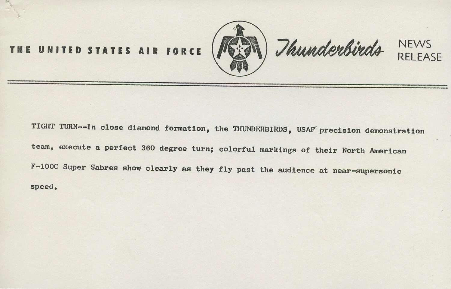 USAF Thunderbirds Press Release Caption — "Tight Turn," F-100C Super Sabres