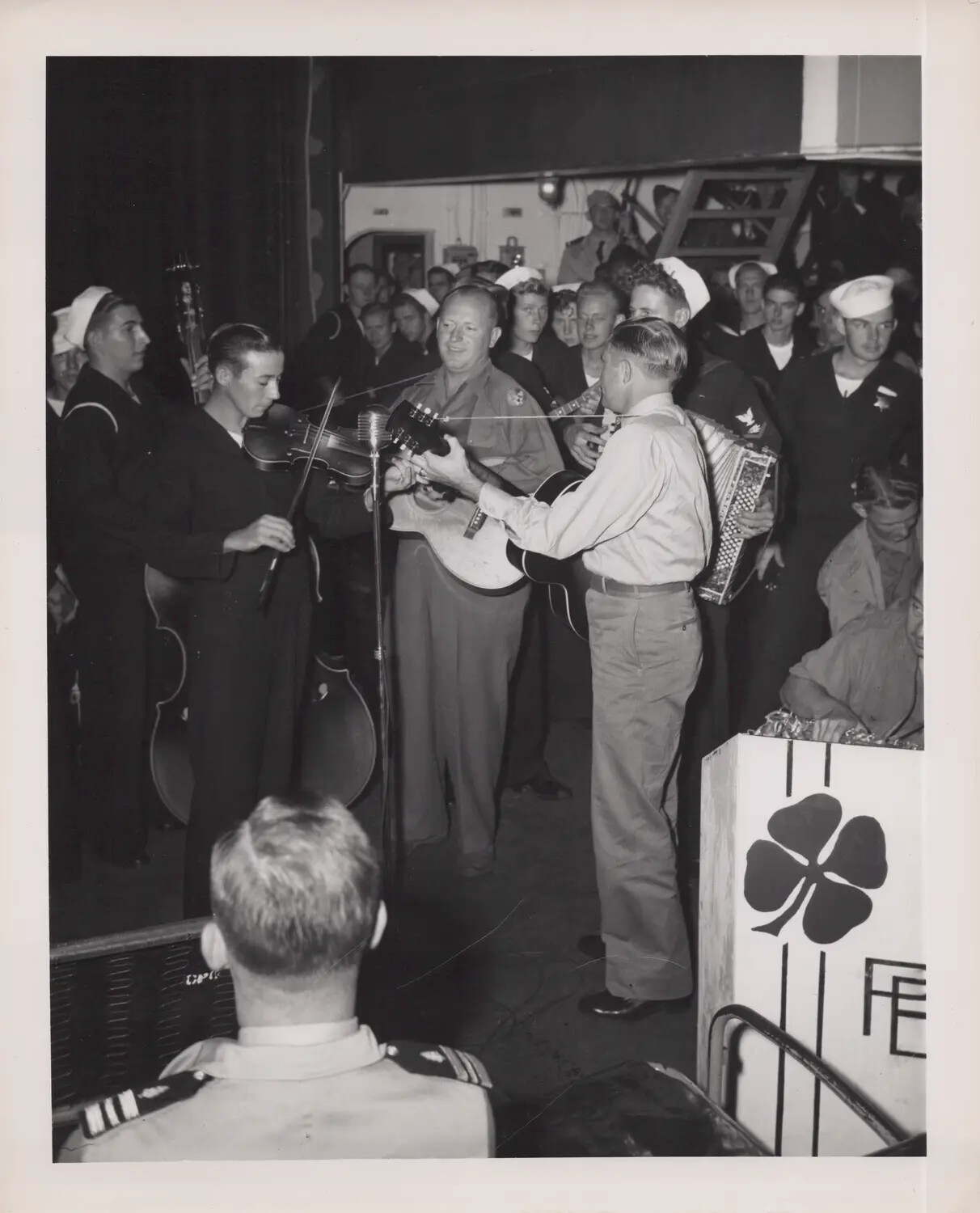 Shipboard Band Entertains Crew on Hangar Deck of Escort Carrier, WWII (Close View)