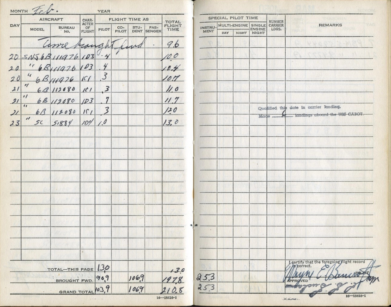 Naval Aviator Flight Logbook Page - Lt. Wayne E. Bancroft, Carrier Qualification Aboard USS Cabot