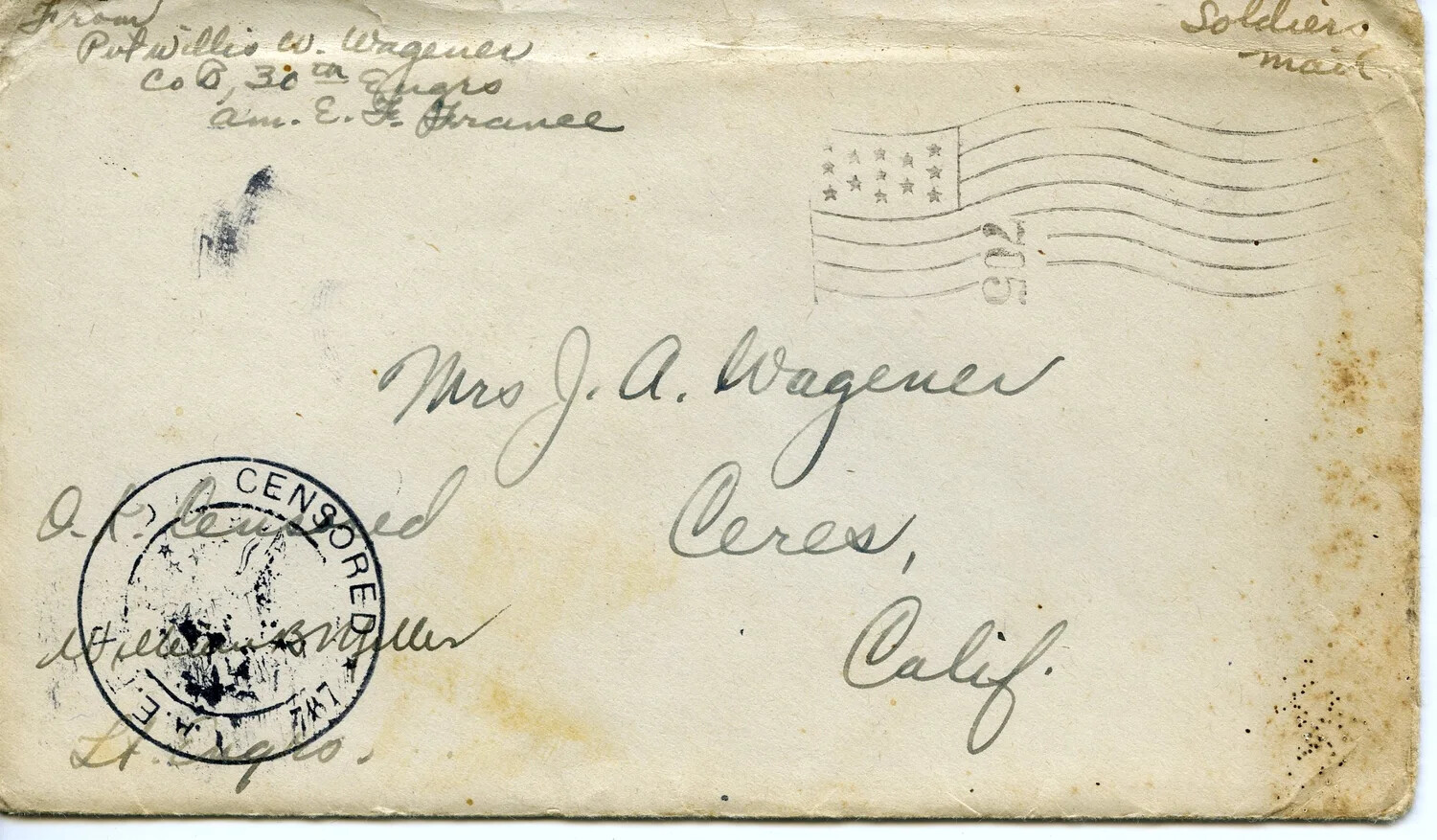 WWI Soldier's Mail Envelope, Pvt. Willis W. Wagener, Co. B, 30th Engineers, A.E.F. France