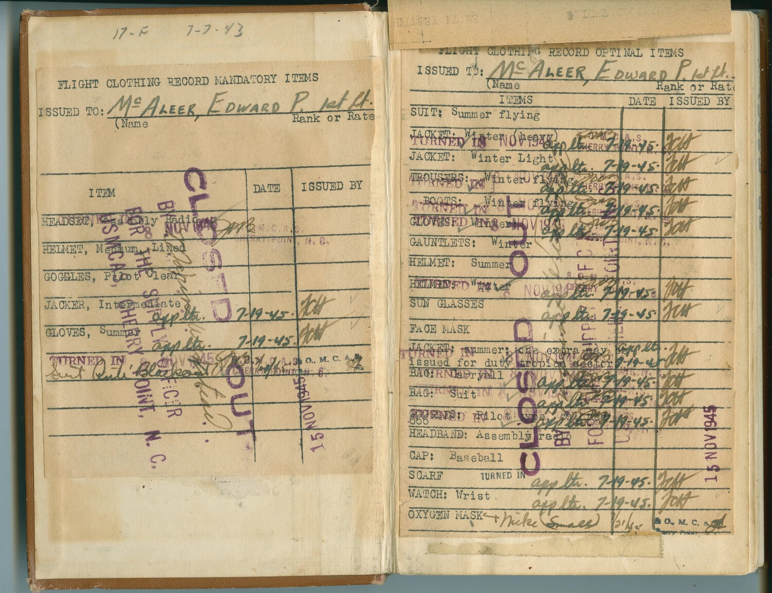Flight Clothing Record Ledger Pages, 1st Lt. Edward P. McAleer, USMC (Cherry Point, N.C., 1945)