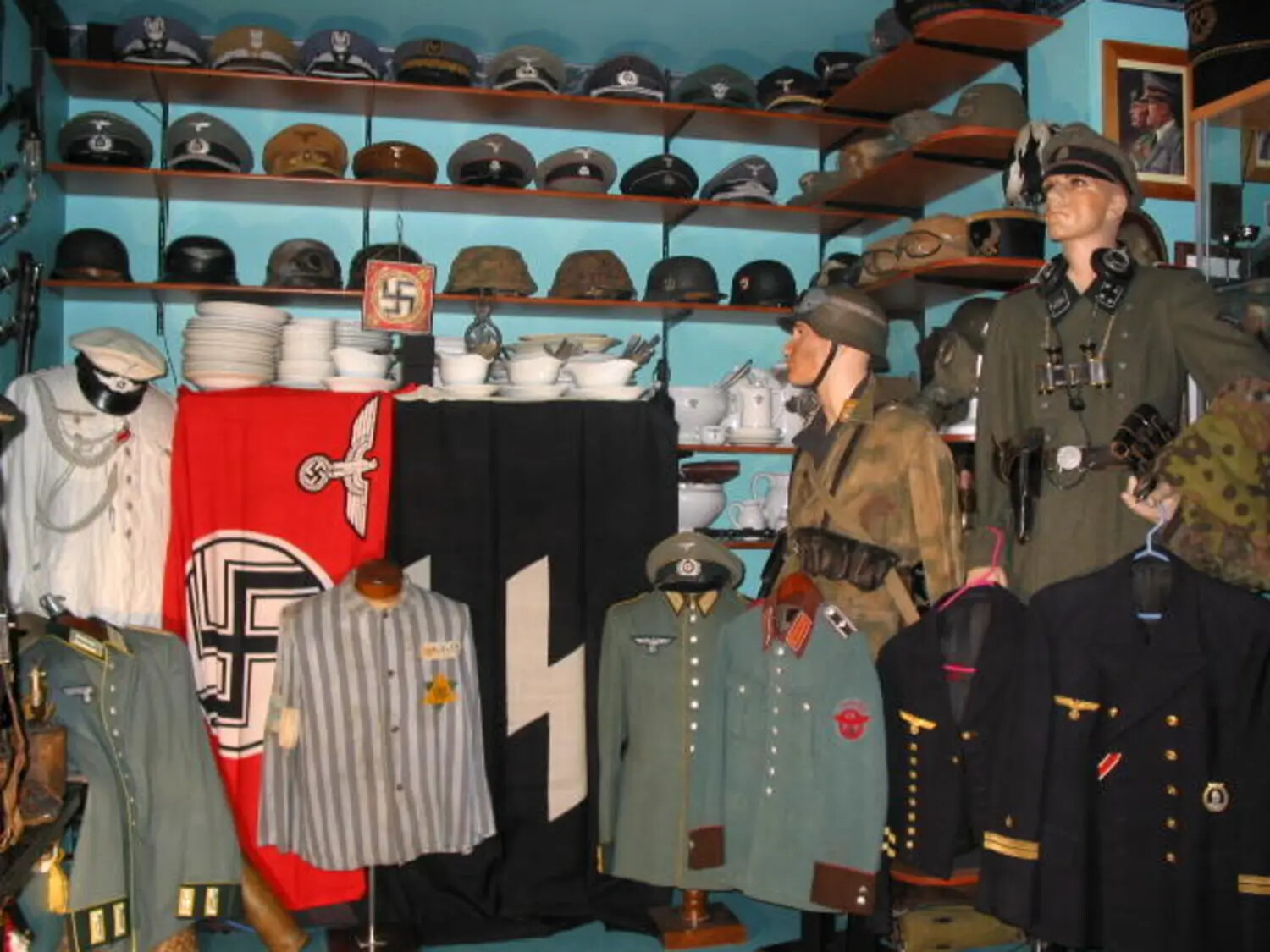 Private Collection Display: WWII German Uniforms, Headgear, Flags, and Concentration Camp Prisoner Jacket