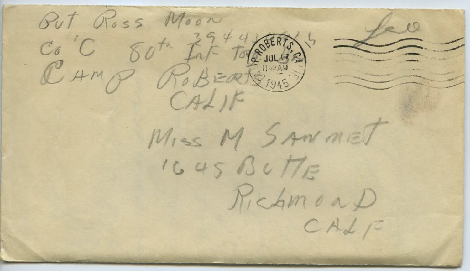 World War II Correspondence Envelope, Pvt. Ross Moon, Camp Roberts, California, July 1945