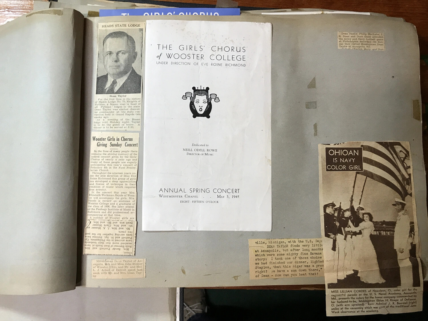 1945 Scrapbook Page: Naval Academy Midshipman Dean Taylor and Wooster College Girls' Chorus Program