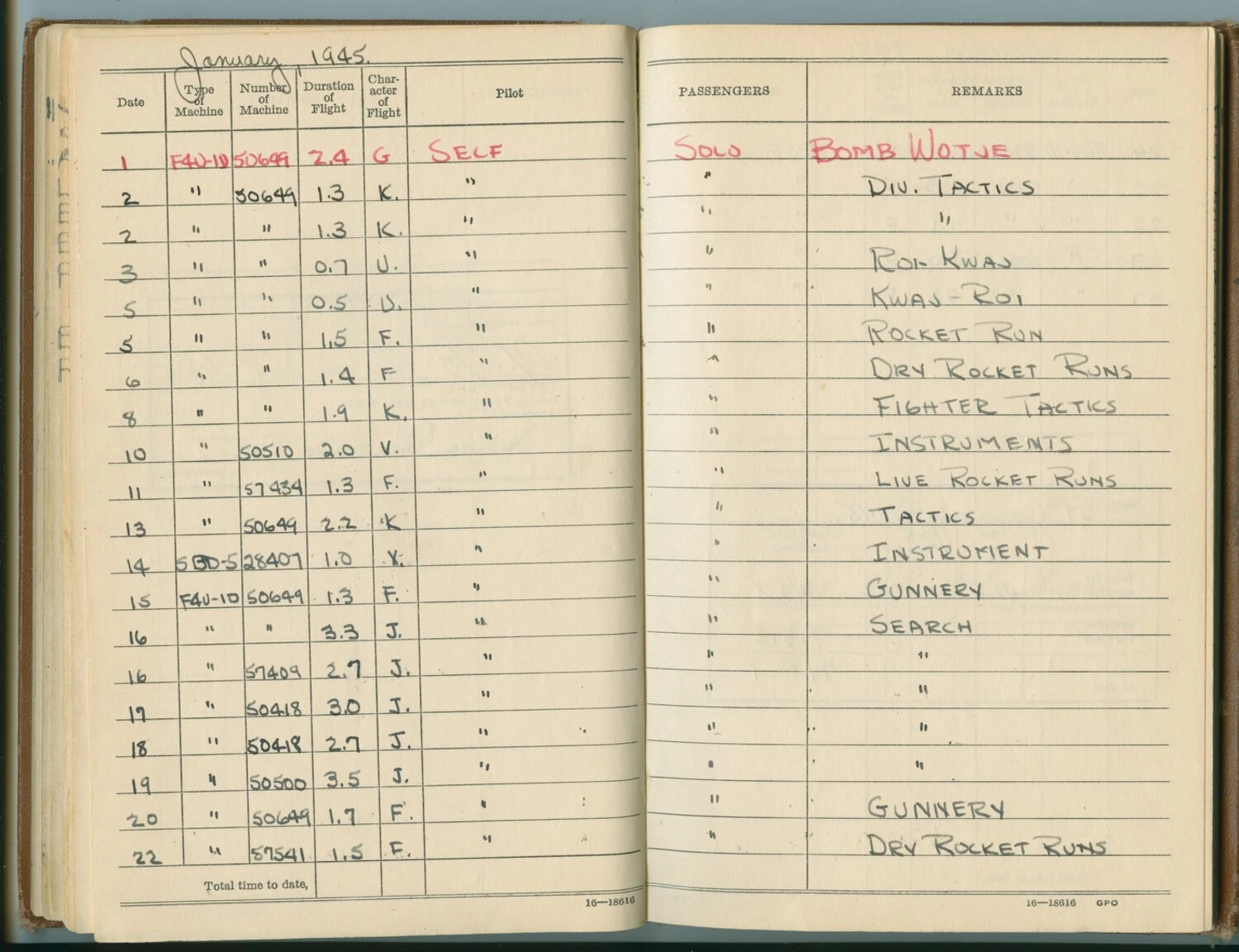 U.S. Navy Pilot's Flight Log Book, January 1945 — F4U-1D Corsair Combat and Training Missions Including Bombing Strike on Wotje Atoll (McAleer Collection)