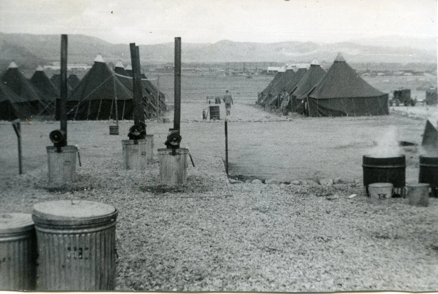 Marine Corps Tent Camp with Field Water Heaters and Incinerator Drums -- VMF-214 1945 Album