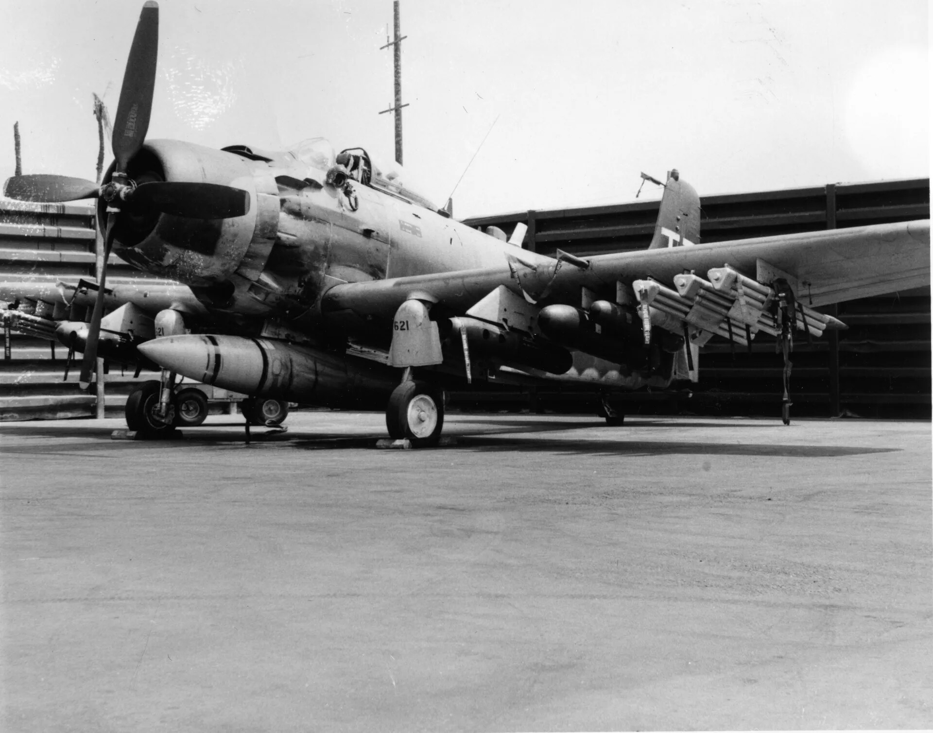 Fully Armed A-1 Skyraider "621" Staged on Flight Line, Vietnam War Era