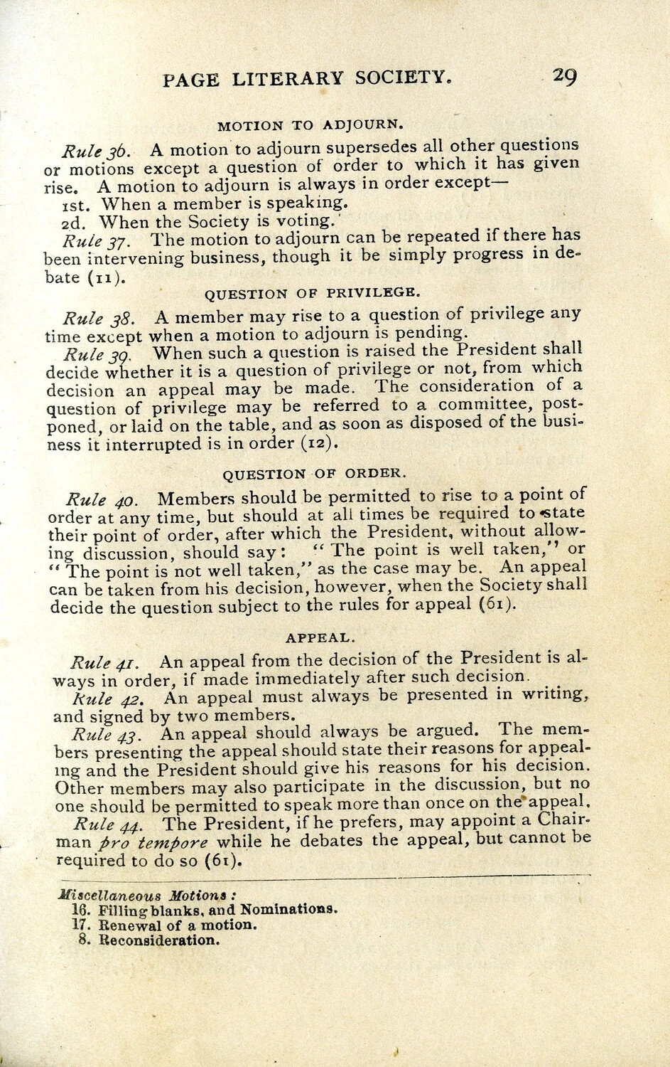 Page Literary Society Rule Book, Page 29 - Rules on Adjournment, Privilege, Order, and Appeal