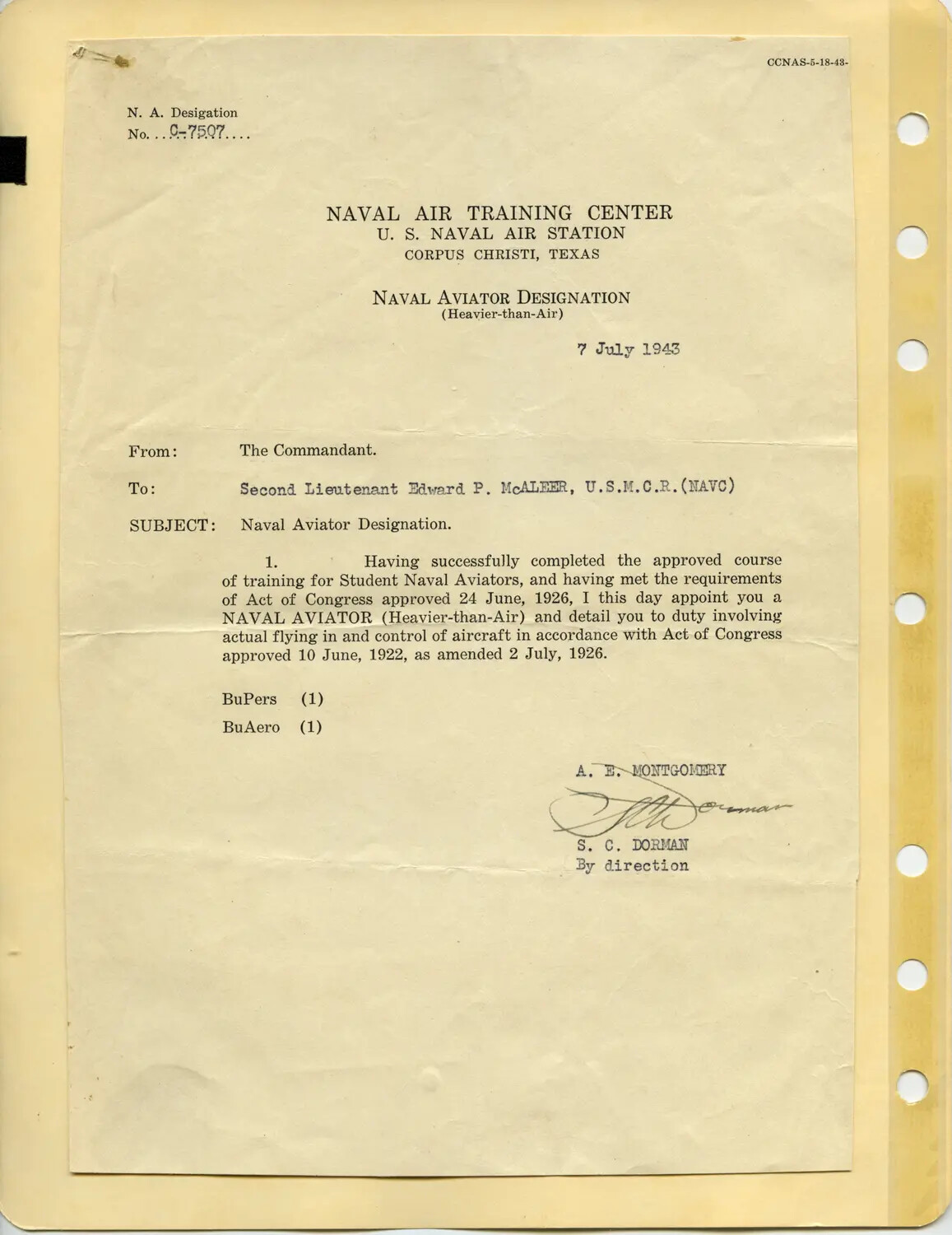 Naval Aviator Designation Certificate for 2Lt. Edward P. McAleer, USMCR, 7 July 1943