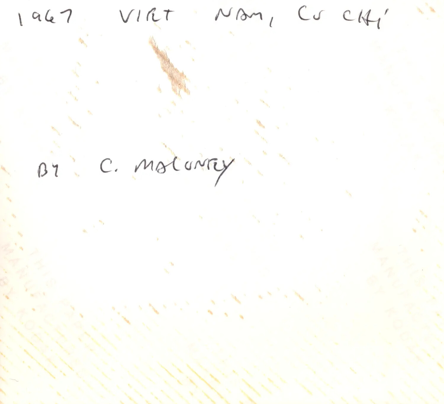 Handwritten Caption, Reverse of Photograph — '1967 Viet Nam, Cu Chi, By C. Moloney'