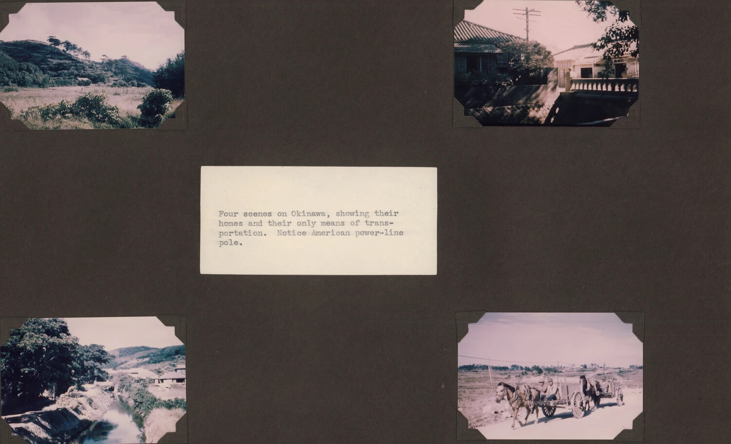 Photo Album Page: "Four Scenes on Okinawa" — Homes, Transportation, and American Power Line, WWII/Occupation Era