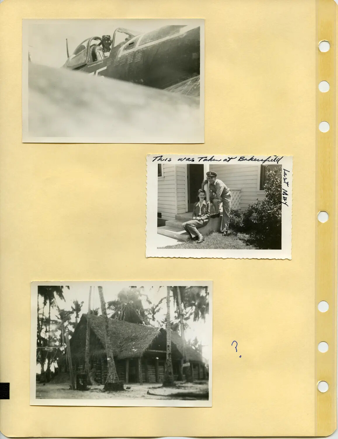 McAleer Family Photo Album Page: Fighter Cockpit, Bakersfield Visit, and Pacific Island Hut, WWII Era