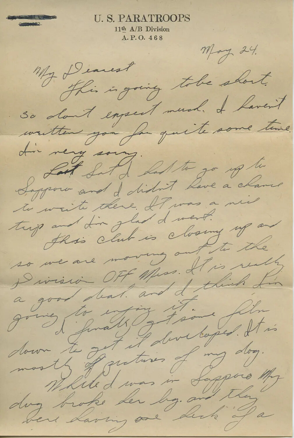 Handwritten Letter on 11th Airborne Division Letterhead, U.S. Occupation Forces Japan, May 24