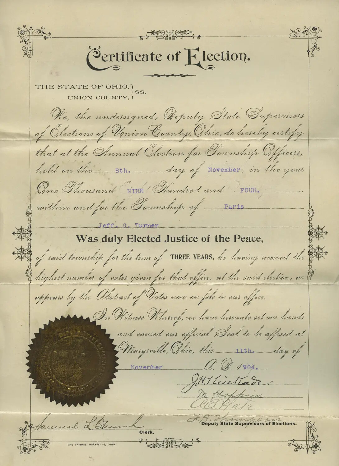 Certificate of Election, State of Ohio, Union County, Certifying Jeff. G. Turner as Justice of the Peace, Paris Township, 1904 (Color Scan)
