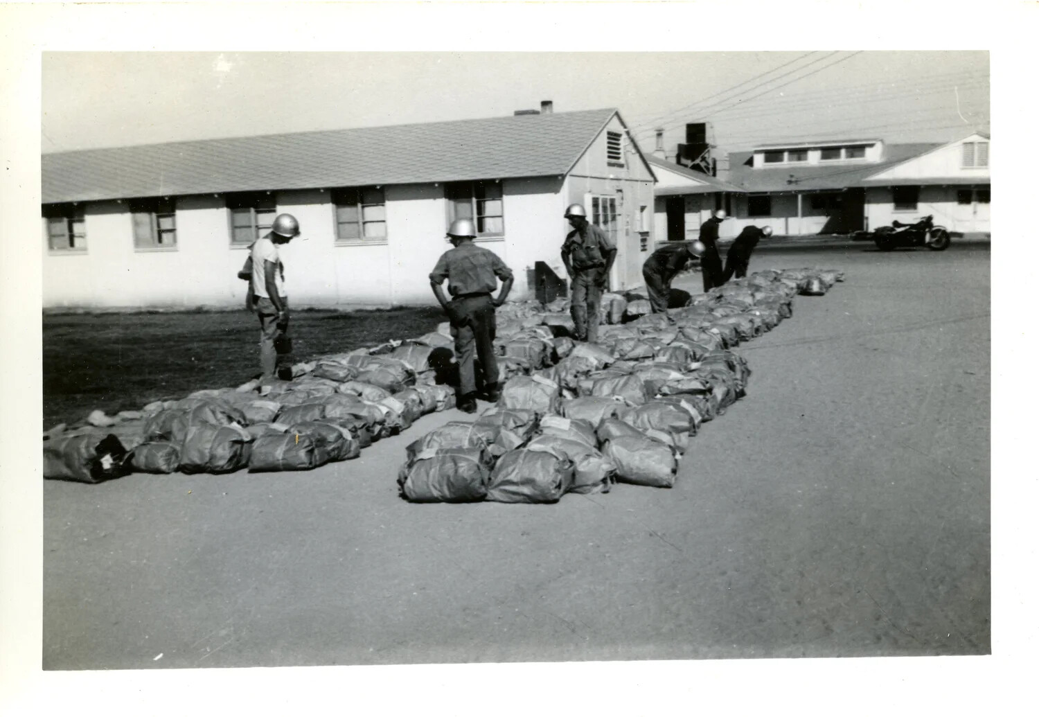 Soldiers Sorting Duffel Bags at Barracks Area, Ie Shima, WWII Pacific Theater