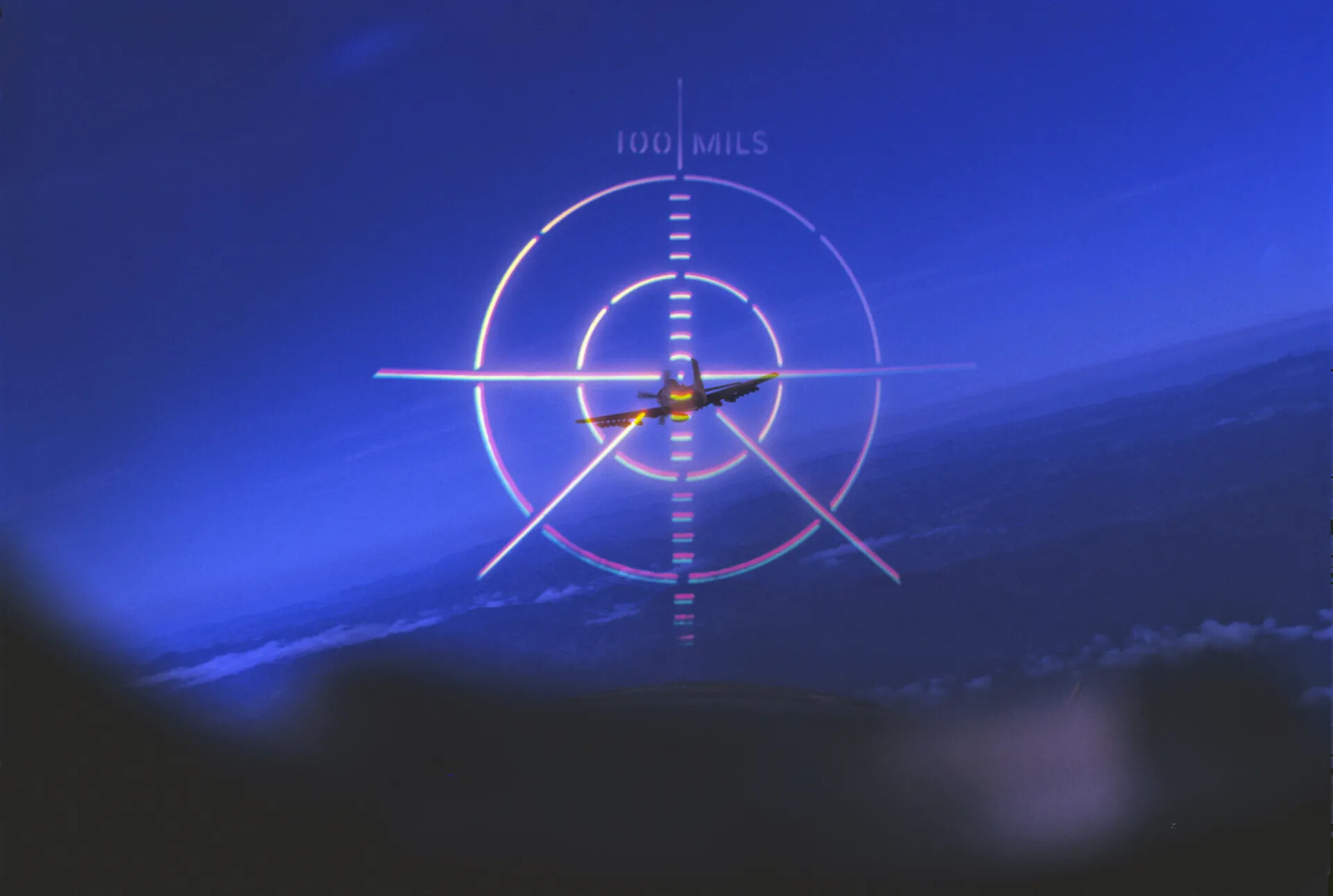 Aerial Gunsight Reticle Tracking Target Aircraft, '100 MILS' Ranging Display