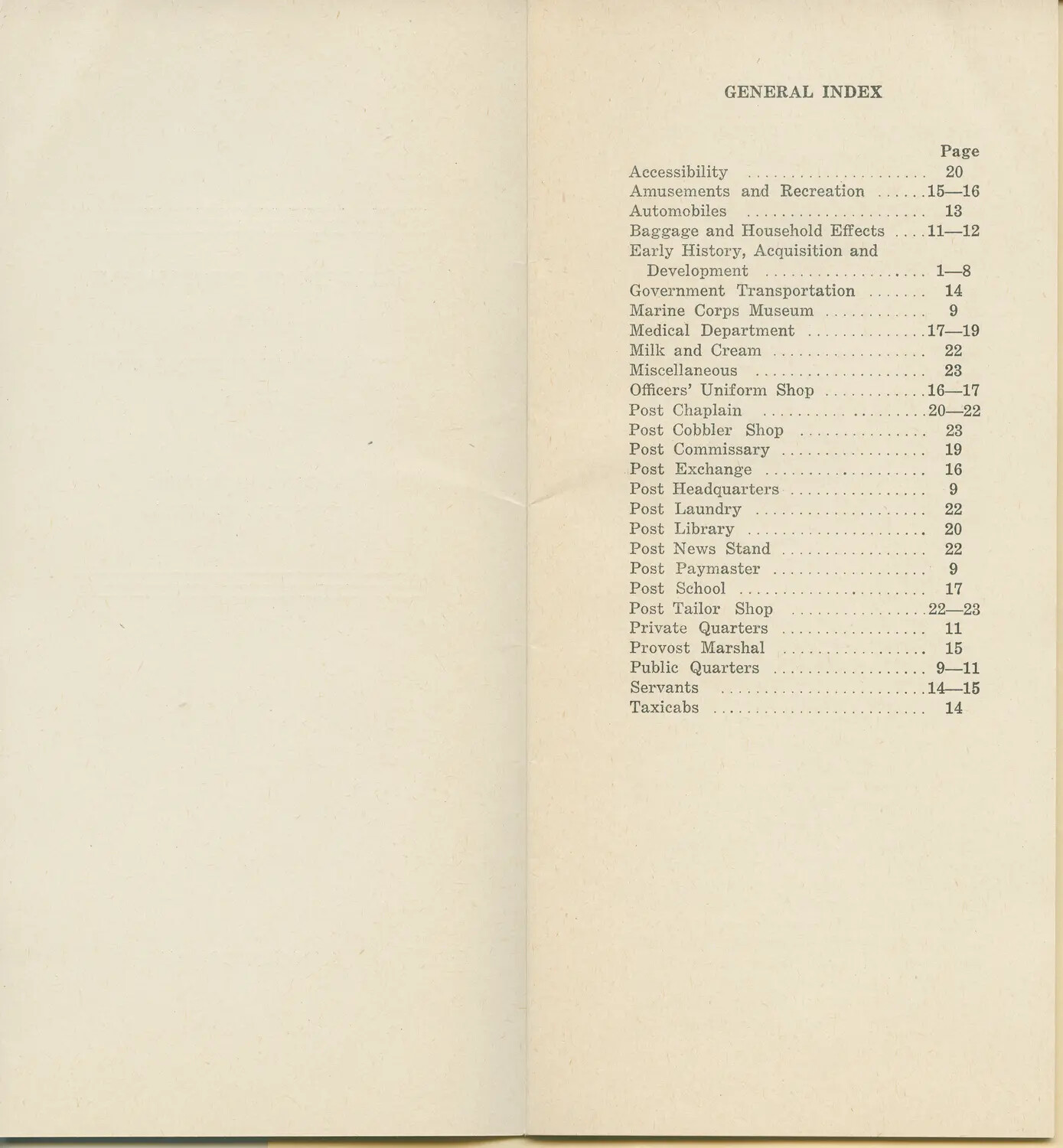 General Index Page, Military Post Orientation Guidebook (Pat McAleer Collection)