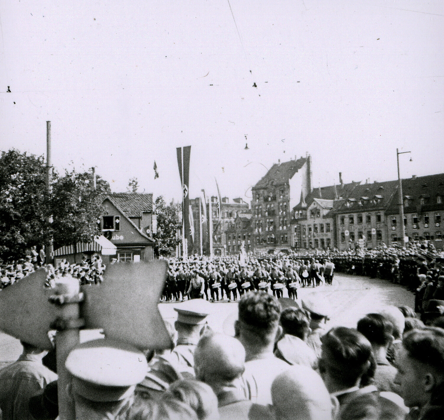 Nazi Party Rally/Parade in Nuremberg City Square with Swastika Banners, Pre-WWII/WWII Era Negative
