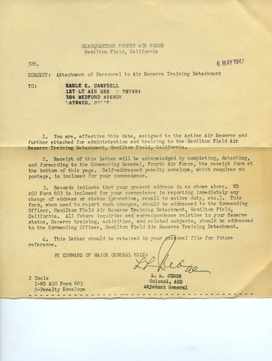 Headquarters Fourth Air Force Letter to 1st Lt. Earle E. Campbell, Air Reserve Assignment, 6 May 1947