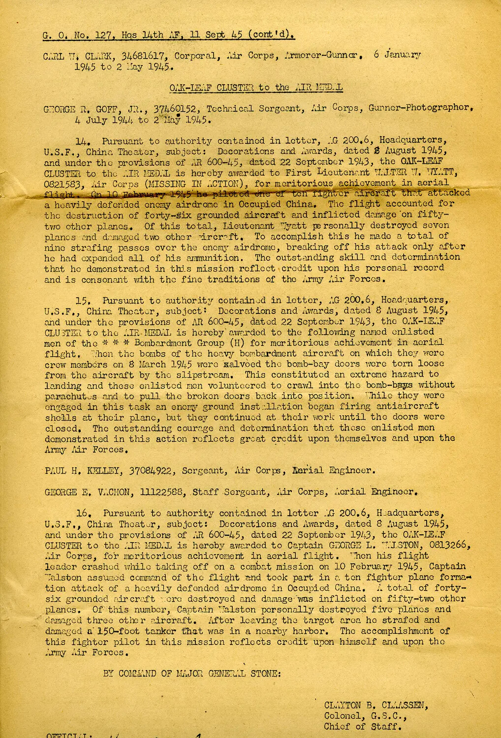 Fourteenth Air Force General Order No. 127, 11 September 1945: Air Medal and Oak Leaf Cluster Citations, China Theater