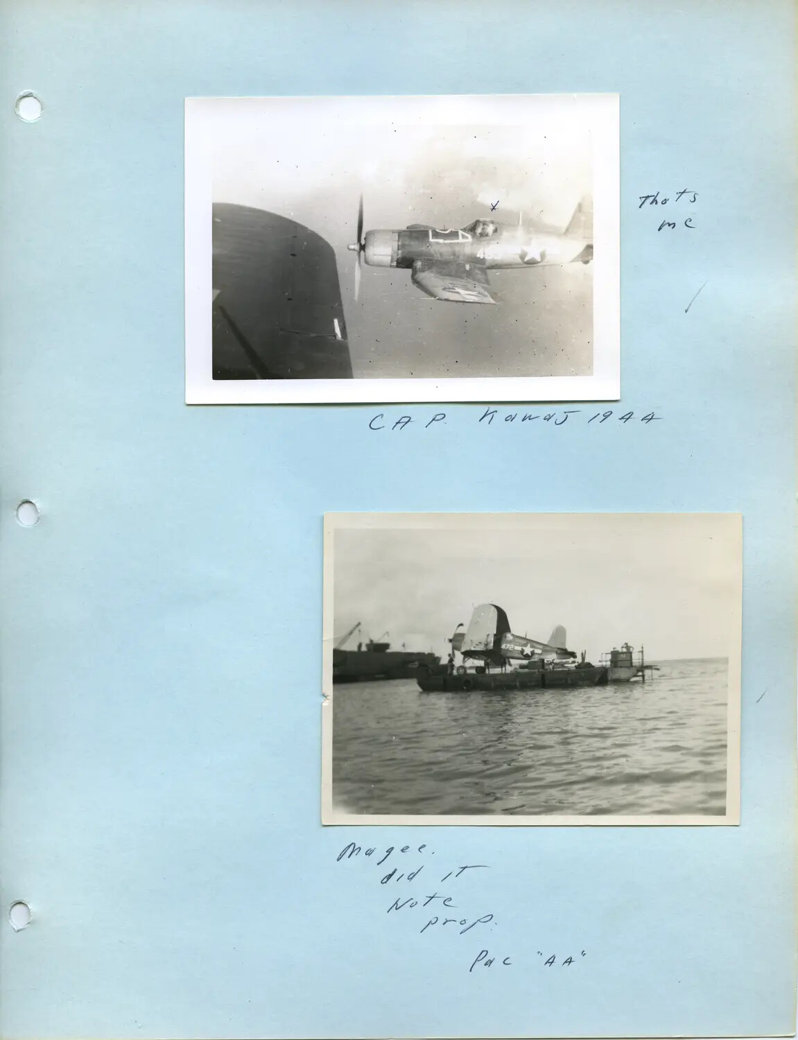 U.S. Navy Carrier Fighter in Flight and Combat-Damaged Aircraft on Salvage Barge, Kwajalein Atoll, 1944