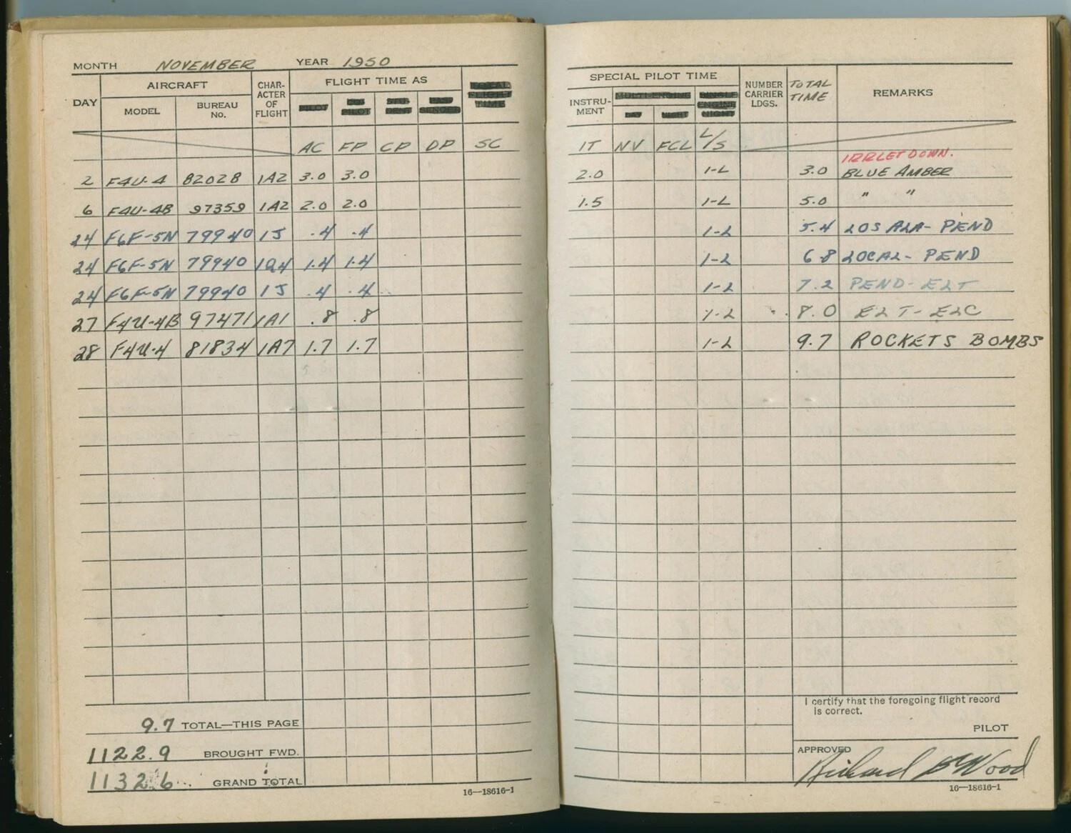 U.S. Navy Pilot Logbook Page, Pat McAleer, November 1950 - Corsair and Hellcat Flights