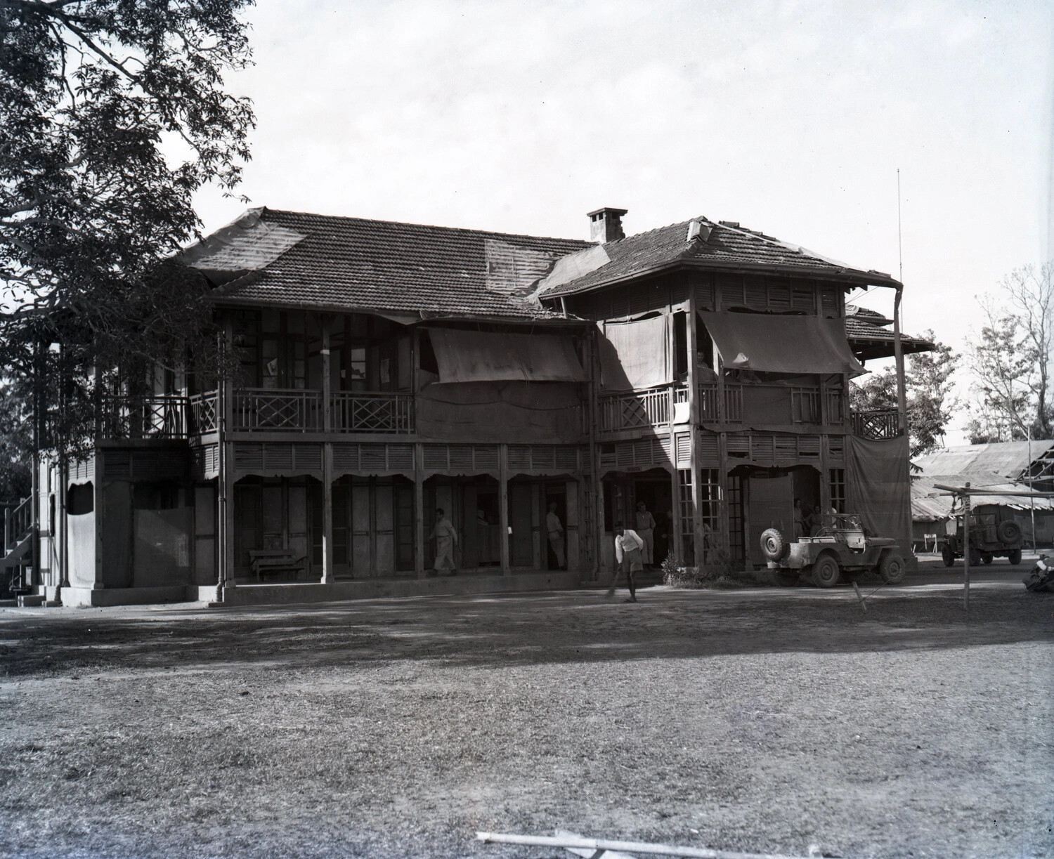 Colonial-Style Building Used as Military Facility, CBI Theater (Vicinity Myitkyina, Burma), WWII