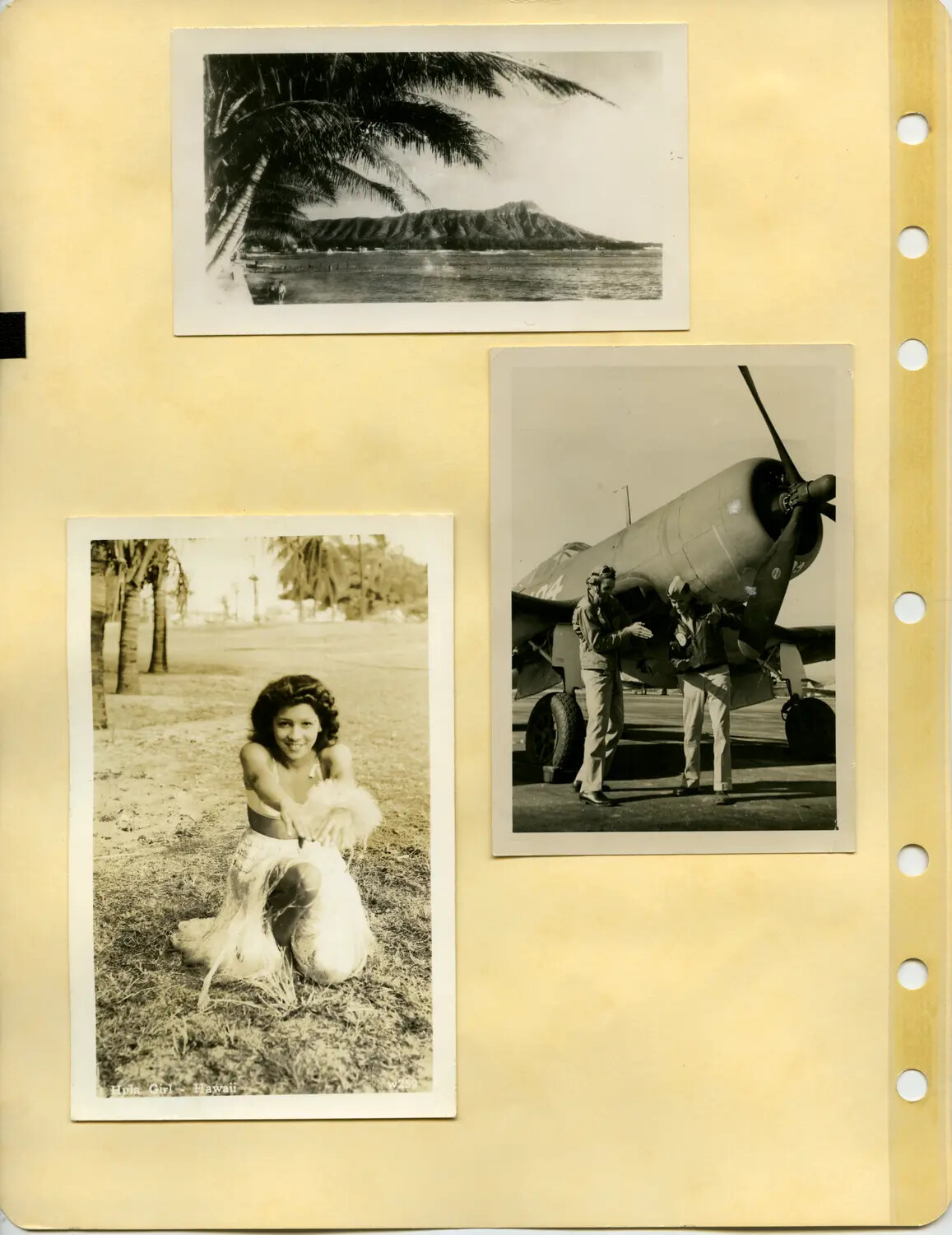 Scrapbook Page: Hawaii Scenery, Hula Girl Postcard, and Navy Fighter Aircraft with Aircrew