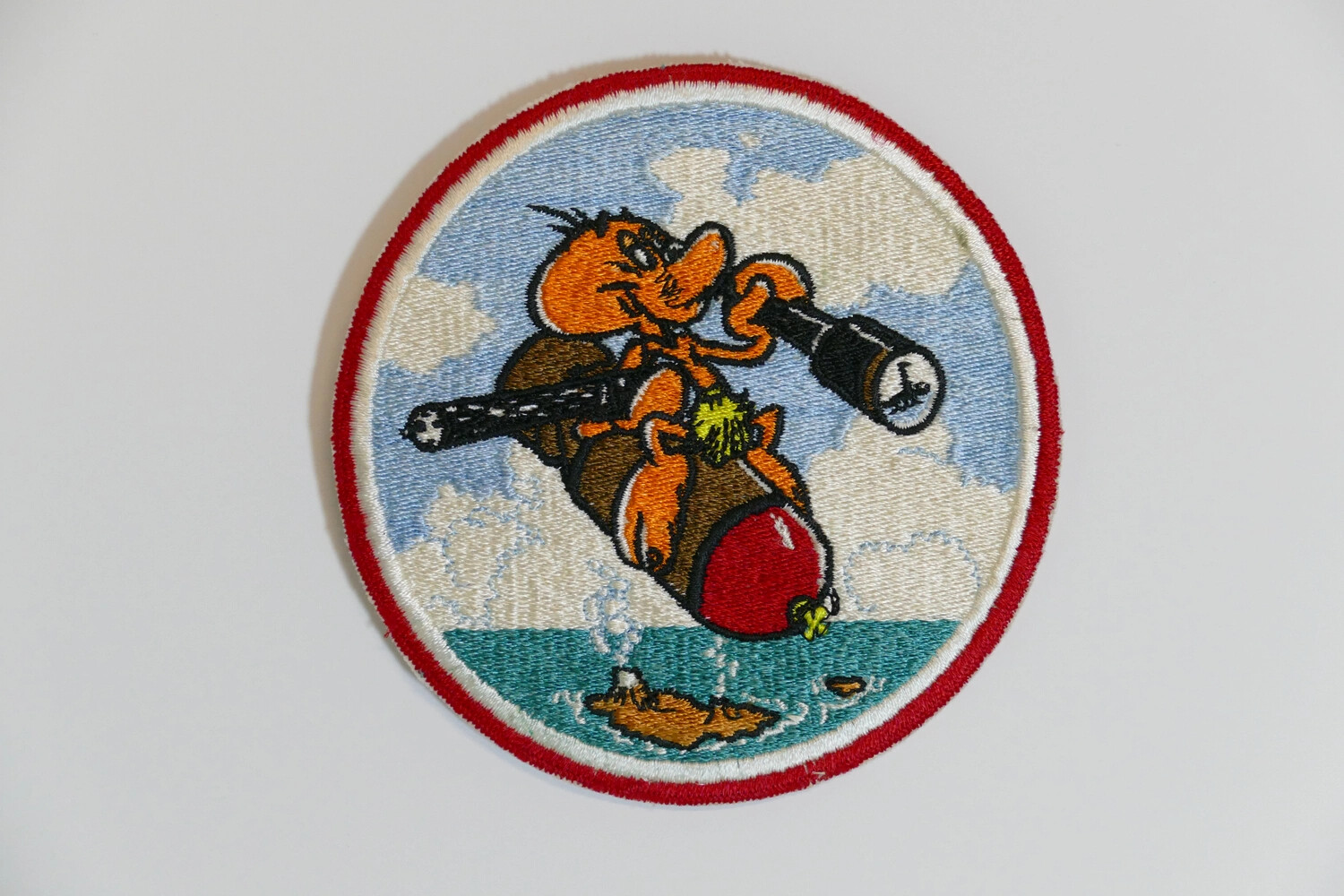 U.S. Navy Squadron Patch – Cartoon Bird Riding Bomb, Korean War Era
