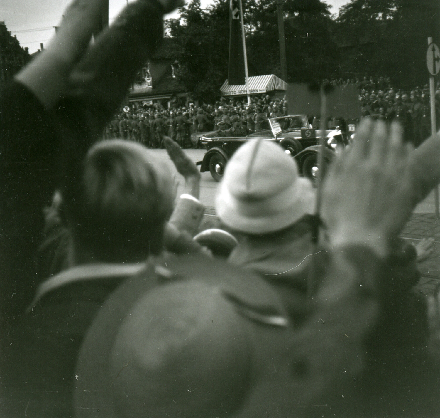 Crowd Giving Nazi Salute as Motorcade Passes, Germany, 1930s (Nuremberg-Associated Negatives)