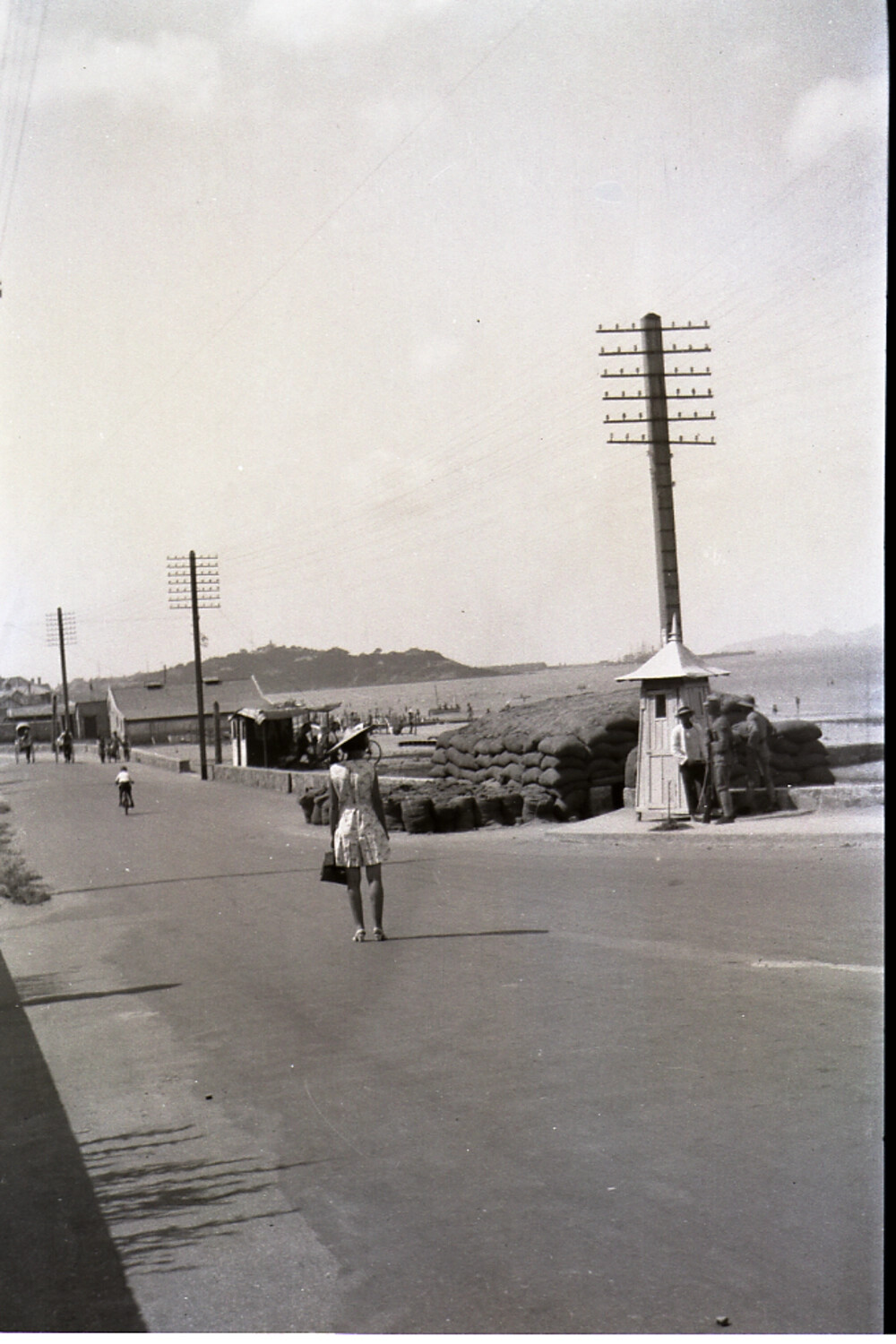 Coastal Boulevard with Sandbagged Checkpoint, Treaty Port China, Late 1930s